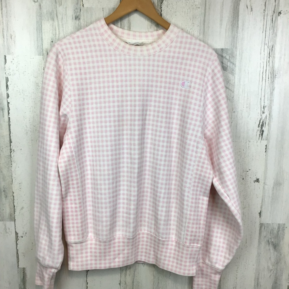 Champion Heritage French Terry Crew Sweatshirt Gingham Plaid Pink Womens S